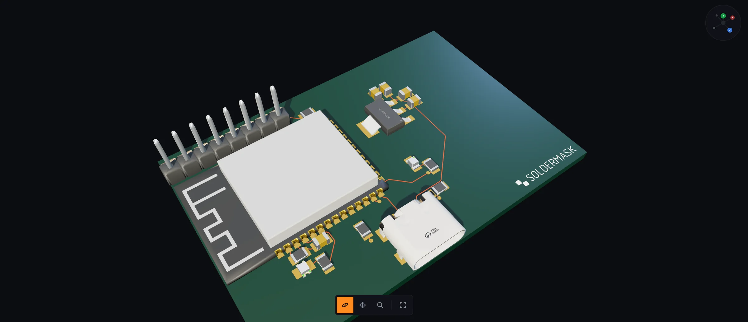 The 3D view: the green two-layer board at an angle with the ESP32 module, USB-C receptacle, pin header, regulator and passives as vendor models, and the soldermask mark in the corner.