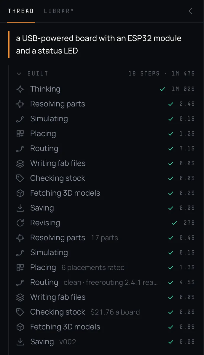 The thread column: the prompt, the model's one-line summary of the board, and the build log — eighteen stages each with a tick and the seconds it took, from Thinking at 1m 02s to Saving v002.