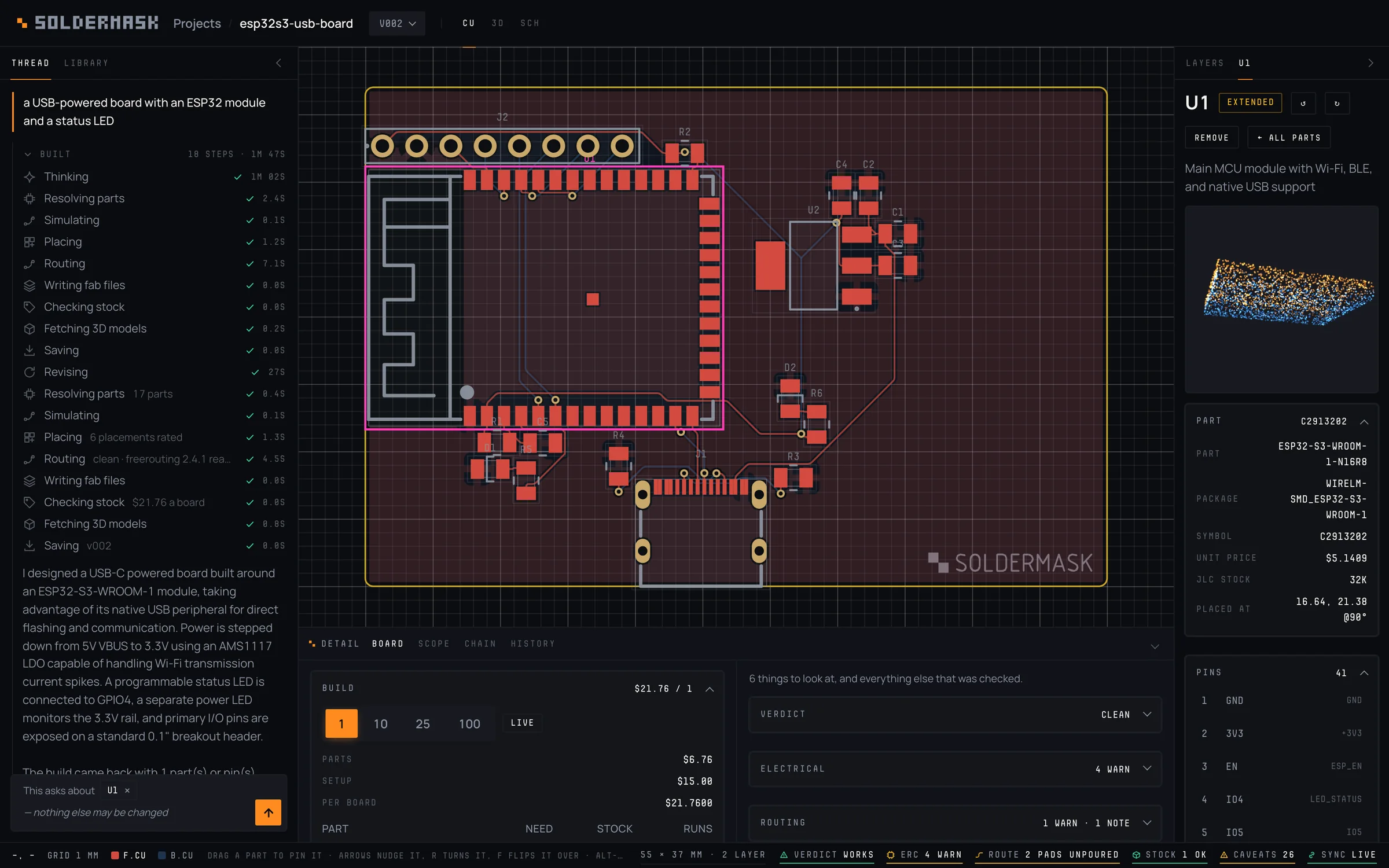 The whole workbench: the thread and build log on the left, the routed two-layer board on the stage with the ESP32 module picked, the part's card with its point cloud, price, stock and pins on the right, and the detail region with the price and the findings below.