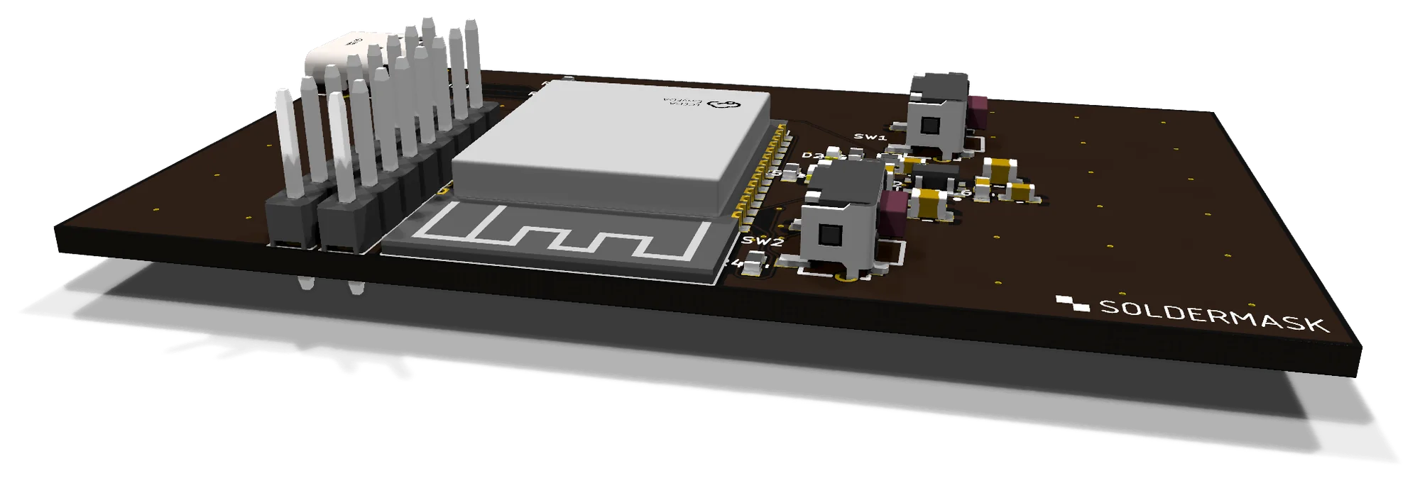 The board seen from low and to one side, its header pins standing up against the black.