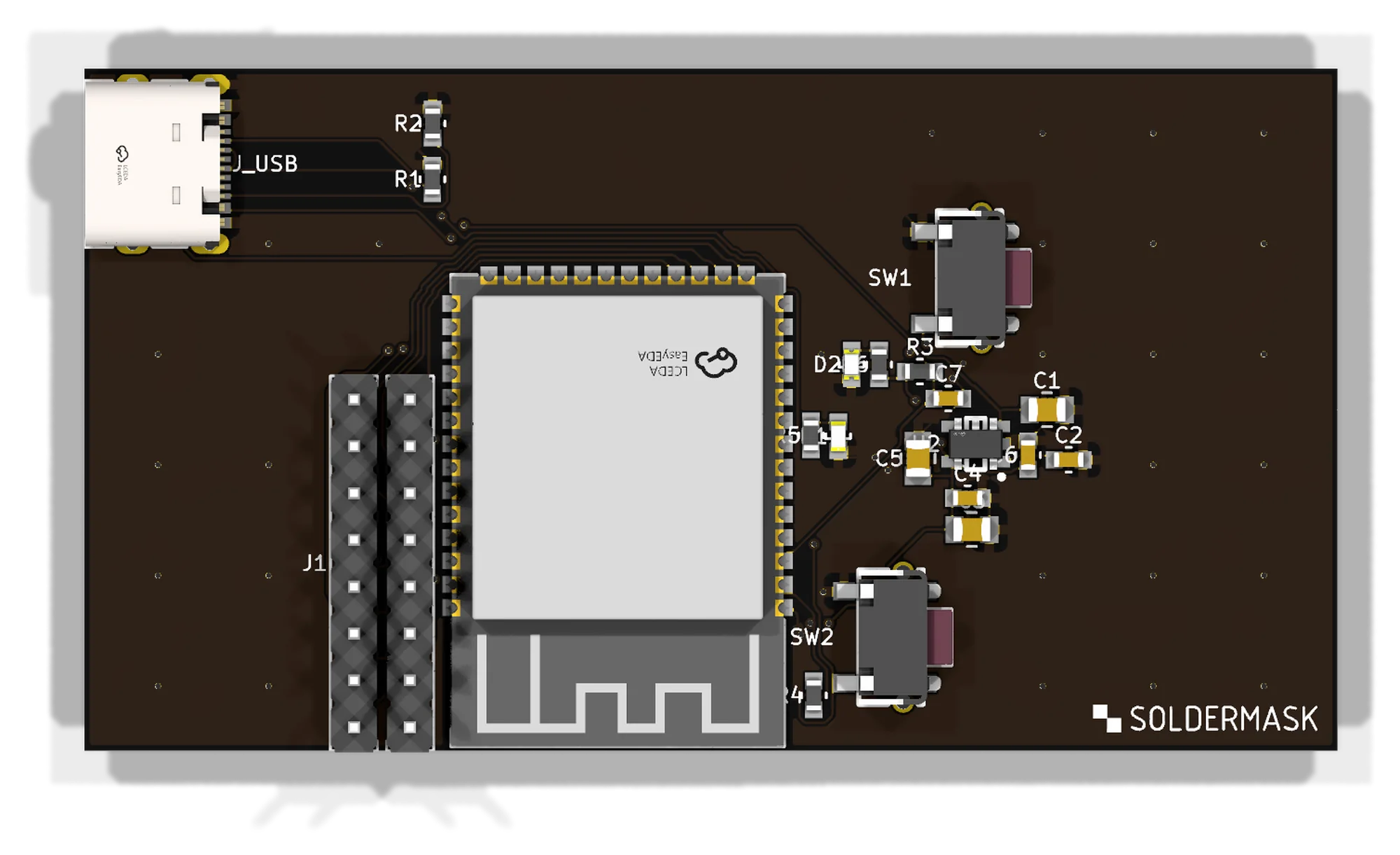 The same board from directly above: the module at centre, the USB-C receptacle at the top-left edge, the header down the left, the buttons and passives to the right.